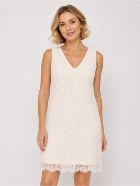 Karen Kane Lace Shift Mini Dress V Neck Sleeveless Scallop Hem Ivory Large NEW